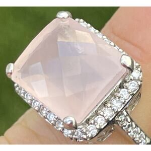 Vintage Rose Quartz Sterling Silver Ring 925 Size 5.25 CZ ADI Halo Pink Clear